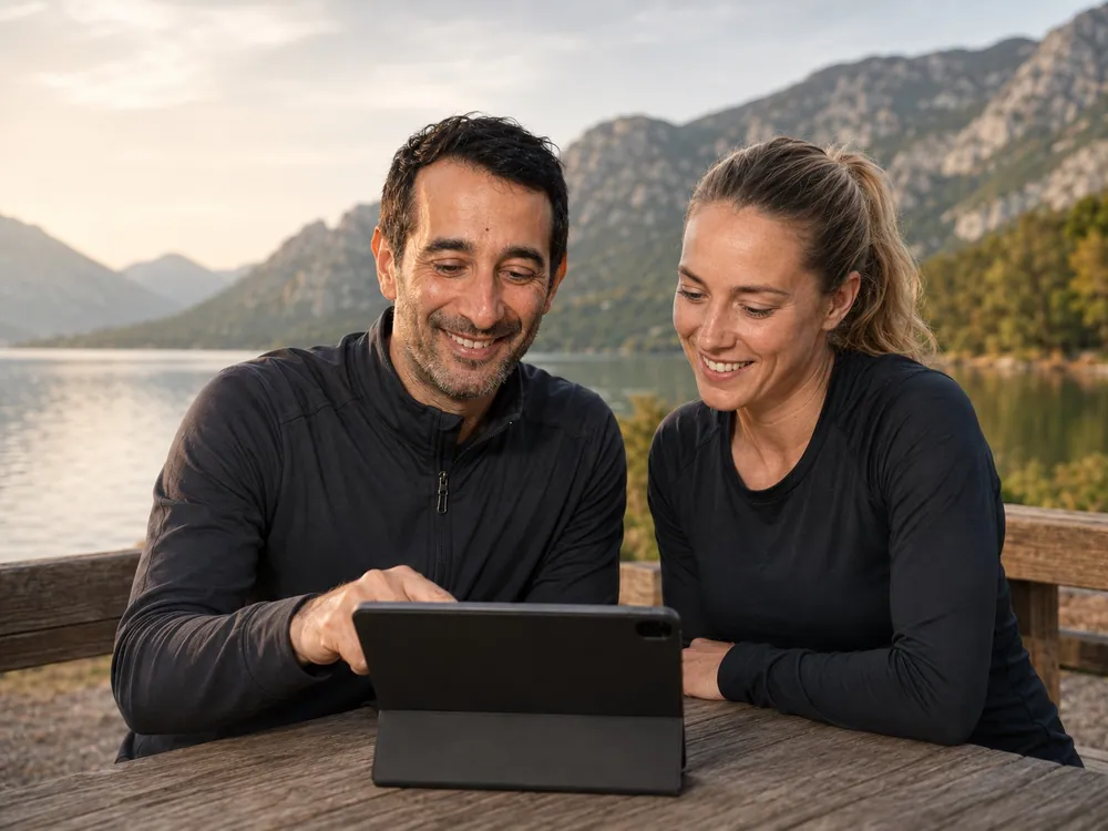 Navin bespricht mit einer Athletin am Bergsee die Trainingsanalyse am Tablet